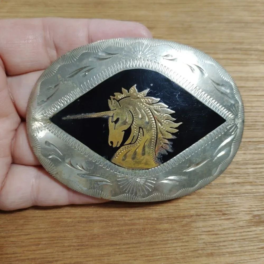 Vintage Unicorn Oval Belt Buckle Silver Tone USA Mystical Fantasy Magical Carved